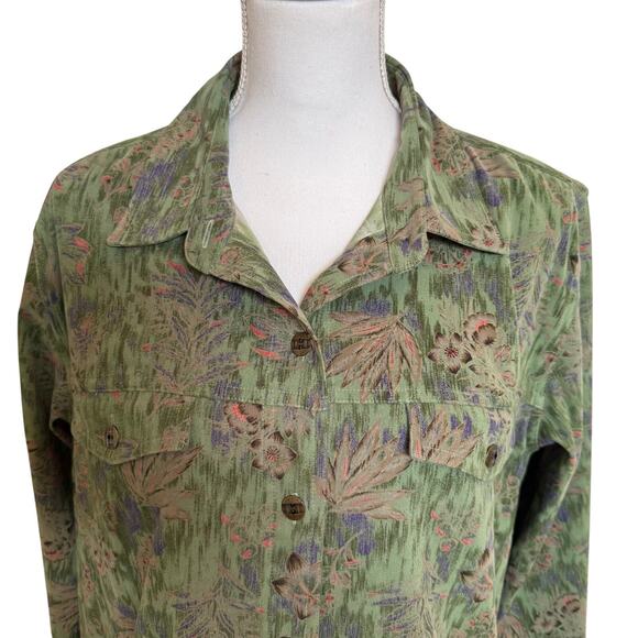 Christopher & Banks Jacket Green Floral Large Stretch Trucker Layering Classic - Picture 5 of 10